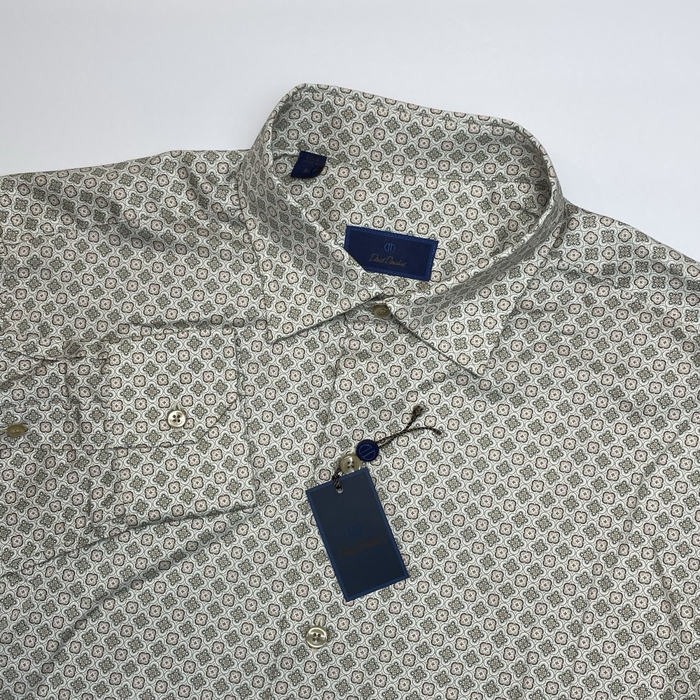 NEW David Donahue Dress Shirt Men Medium‎ Chocolate Geometric Barrel Cuff